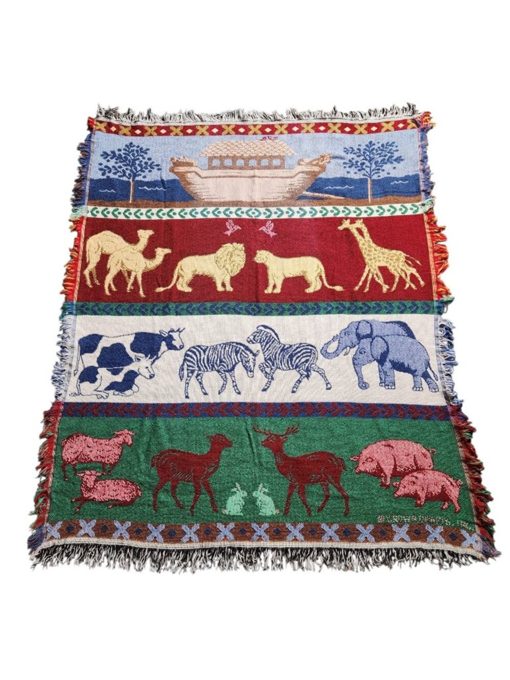 Vtg Crown Crafts Woven Throw Blanket Noah’s Ark Animals Christian Bible 55”x 45”